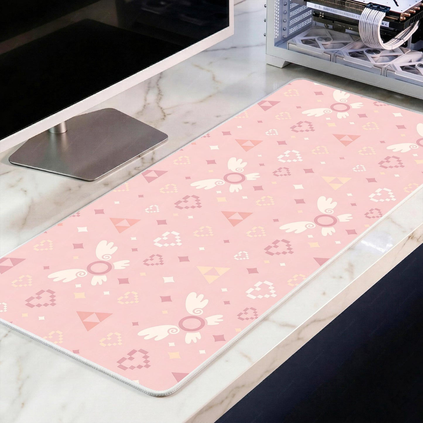 Pink Retro Adventure Desk Mat, Cute Fairy Companion Mousepad, Kawaii Pixel Heart Deskpad, Cozy Gamer XL Mat, Pastel Gaming Decor, 4mm Thick