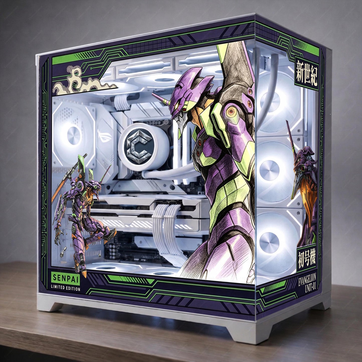 Evangelion Unit-01 PC Case Skin - EVA-01 Mecha Anime Static Cling Decal for Hyte Y70 Y60 Lian Li O11 - Purple & Green Gaming PC Decor