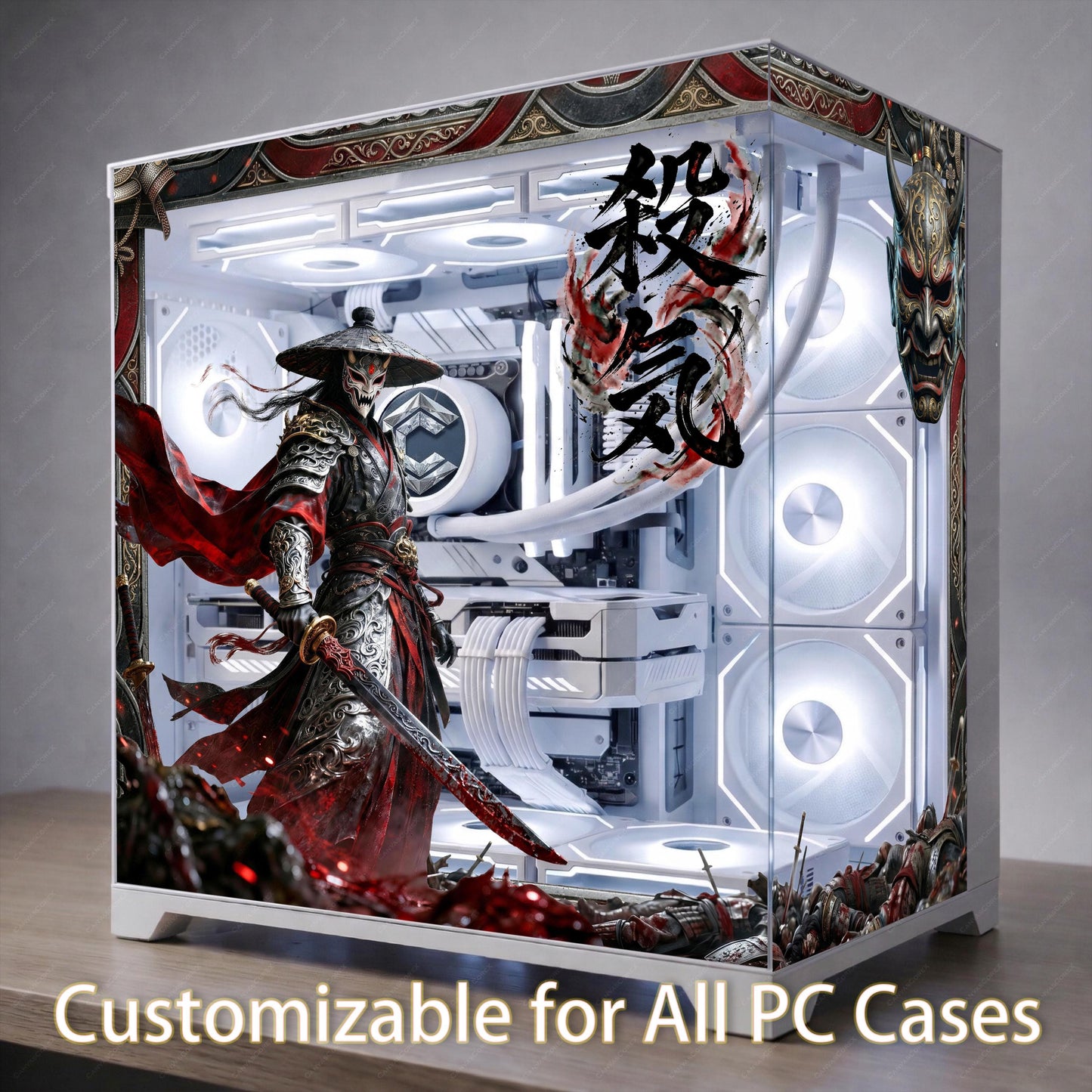Dark Samurai PC Case Skin - Custom Fit For ANY PC - Oni Mask Japanese Aesthetic Gaming Decor - Reusable Static Cling Decal - Blood Red Wrap