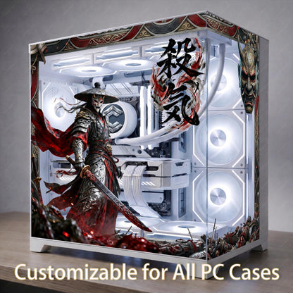 Dark Samurai PC Case Skin - Custom Fit For ANY PC - Oni Mask Japanese Aesthetic Gaming Decor - Reusable Static Cling Decal - Blood Red Wrap
