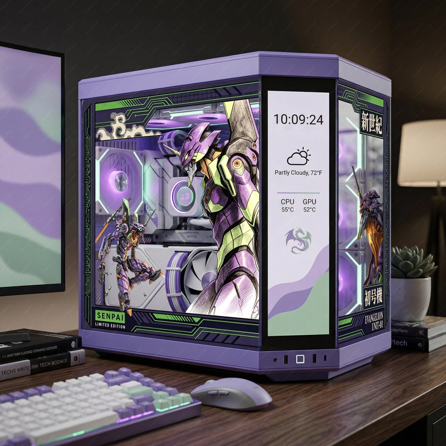 Evangelion Unit-01 PC Case Skin - EVA-01 Mecha Anime Static Cling Decal for Hyte Y70 Y60 Lian Li O11 - Purple & Green Gaming PC Decor
