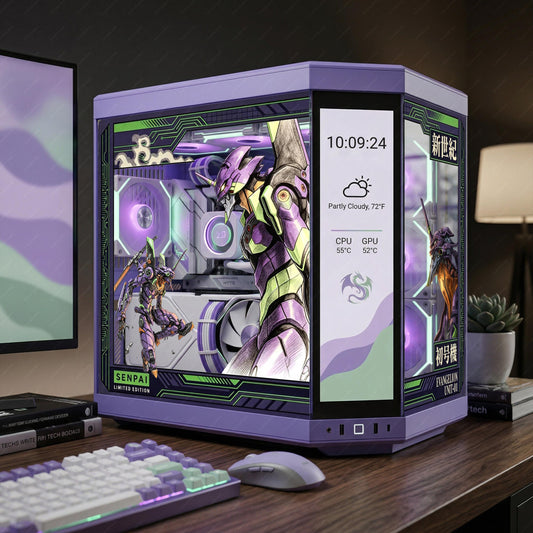 Evangelion Unit-01 PC Case Skin - EVA-01 Mecha Anime Static Cling Decal for Hyte Y70 Y60 Lian Li O11 - Purple & Green Gaming PC Decor