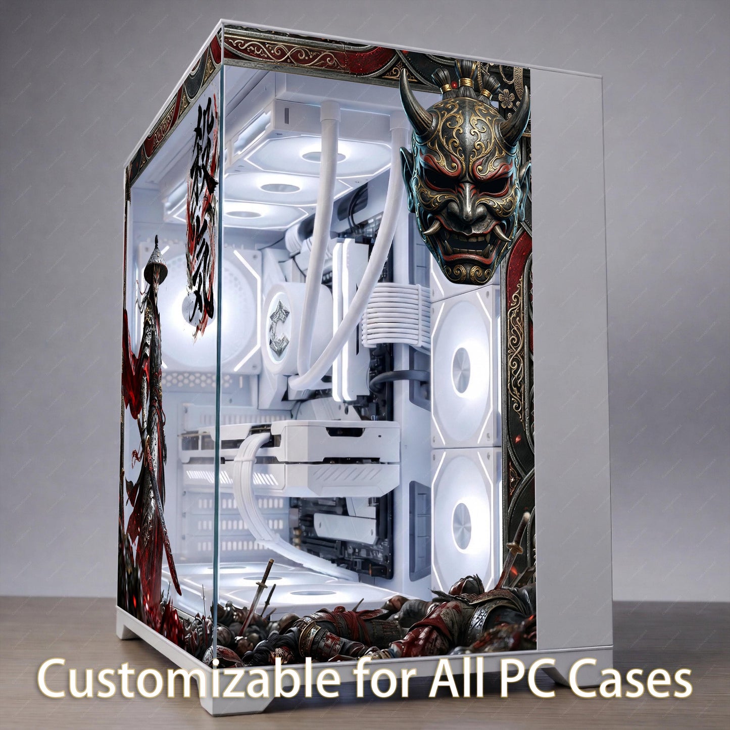 Dark Samurai PC Case Skin - Custom Fit For ANY PC - Oni Mask Japanese Aesthetic Gaming Decor - Reusable Static Cling Decal - Blood Red Wrap