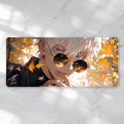Autumn Anime Boy XL Desk Mat | Golden Leaves Gaming Mousepad | Blue Eyes Sorcerer Deskpad | 4mm Thick