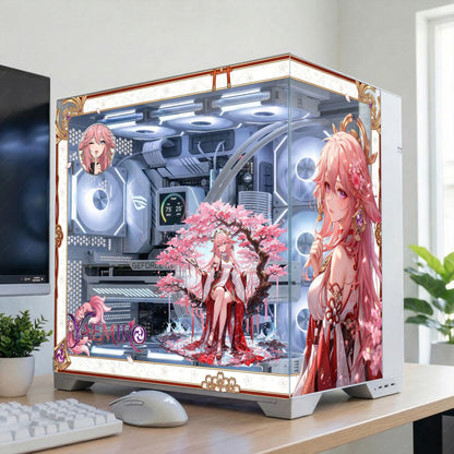 Yae Miko PC Case Skin – Anime Glass Panel Cling, Sakura Pink Gaming Setup Decor, Genshin Inspired PC Wrap, Waifu Desk Aesthetic