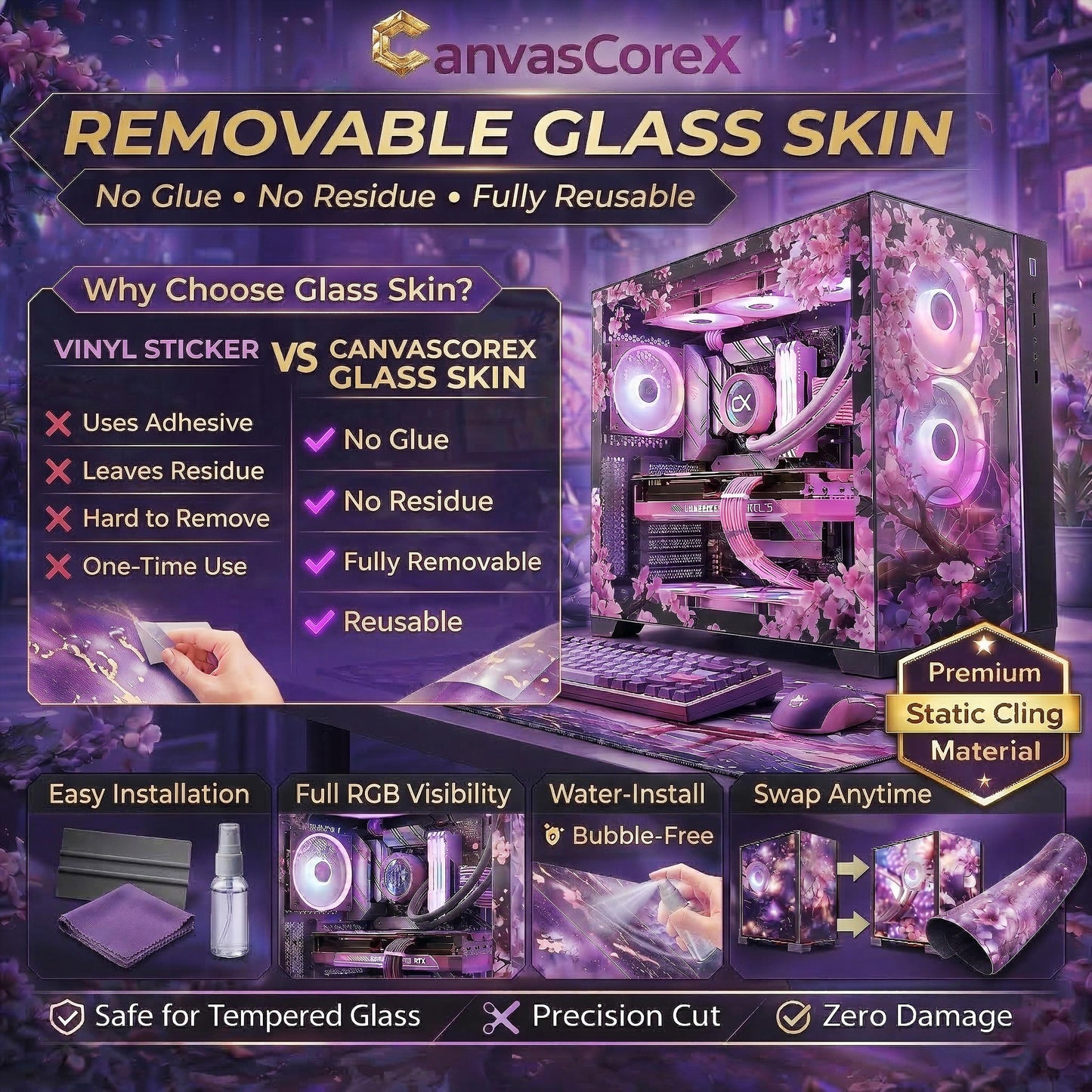 Anime Girl PC Case Skin – Cling Glass Skin – Tempered Glass Wrap – RGB Compatible – Cozy Gaming Setup Decor – Custom Size