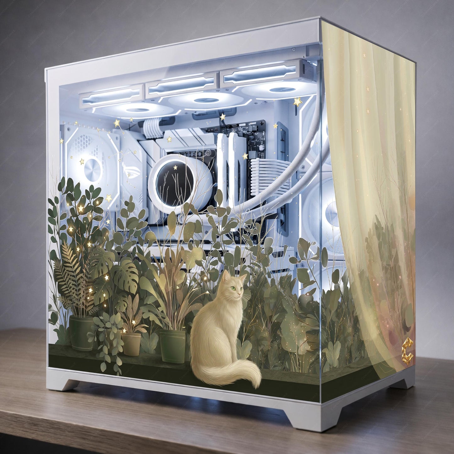 Cozy Botanical Garden & White Cat — Static Cling PC Case Skin | Whimsical Nature Aesthetic | Easy Apply and Removable