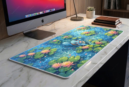 Kawaii Water Turtle Desk Mat, Lily Pad Pond Mousepad, Cute Anime XL Deskpad, Pastel Blue Cozy Gaming Mat, 4mm Thick, White Edge