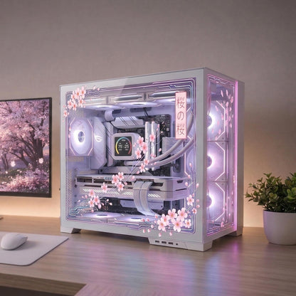 Cyber Sakura PC Case Skin | Cherry Blossom Static Cling for Glass Panel | Anime Gaming Setup Decor | Custom Sizes