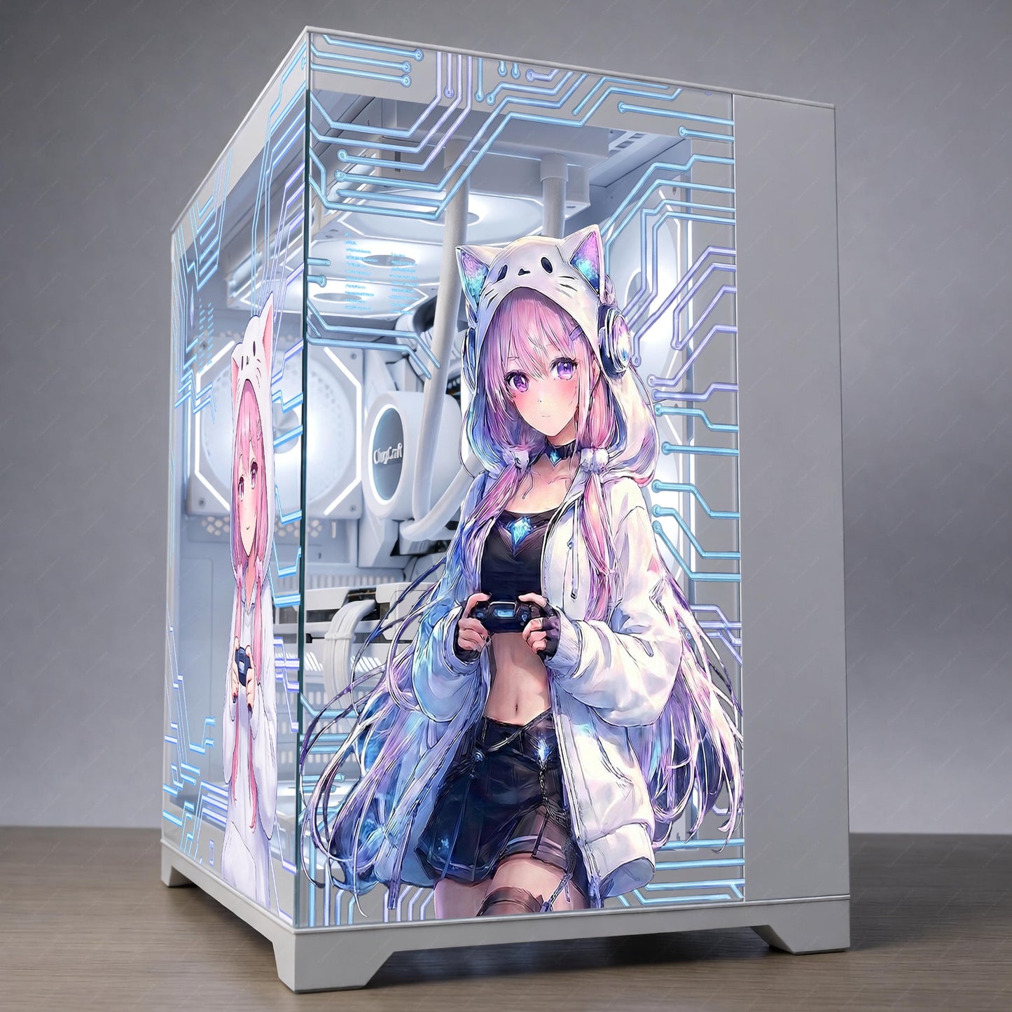 Kawaii Anime Gamer Girl PC Case Skin – Static Cling Glass Skin – Tempered Glass Wrap – RGB Setup Decor – Custom Size