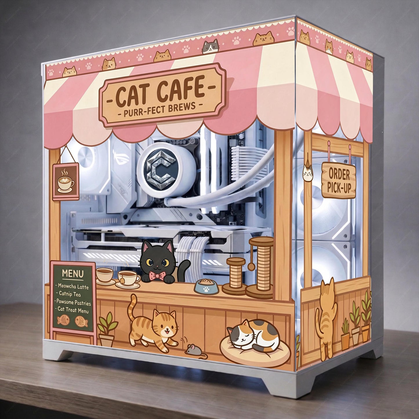 Cat Cafe PC Case Glass Skin - Kawaii Pink "Purr-fect Brews" Wrap for Hyte Y70 & Custom Cases - High-Quality Decal - Anime Gaming Aesthetic