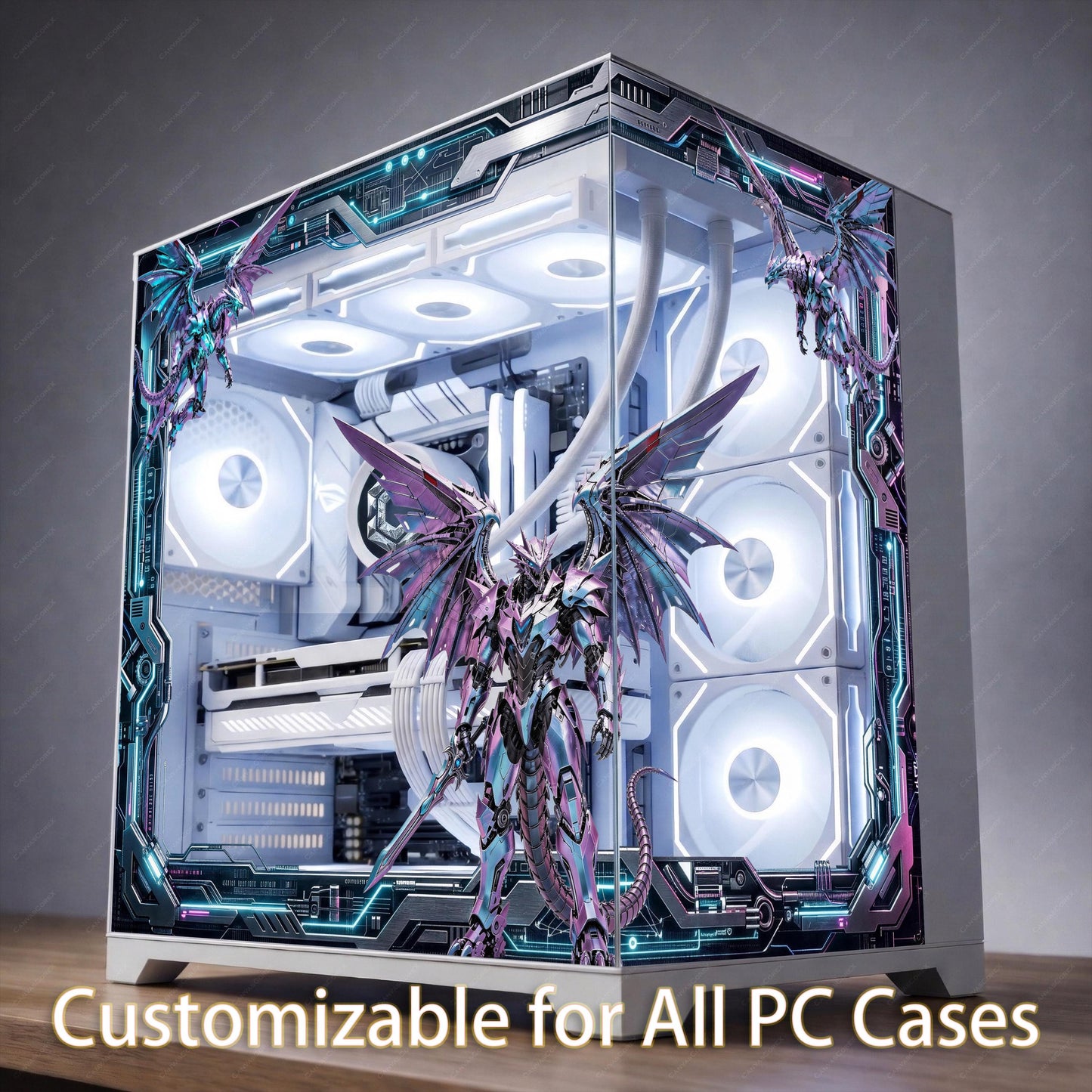 Cyber Dragon PC Case Skin - Custom Fit For ANY PC - Mecha Cyberpunk Gaming Setup Decor - Reusable Static Cling Decal - Sci-Fi Glass Wrap