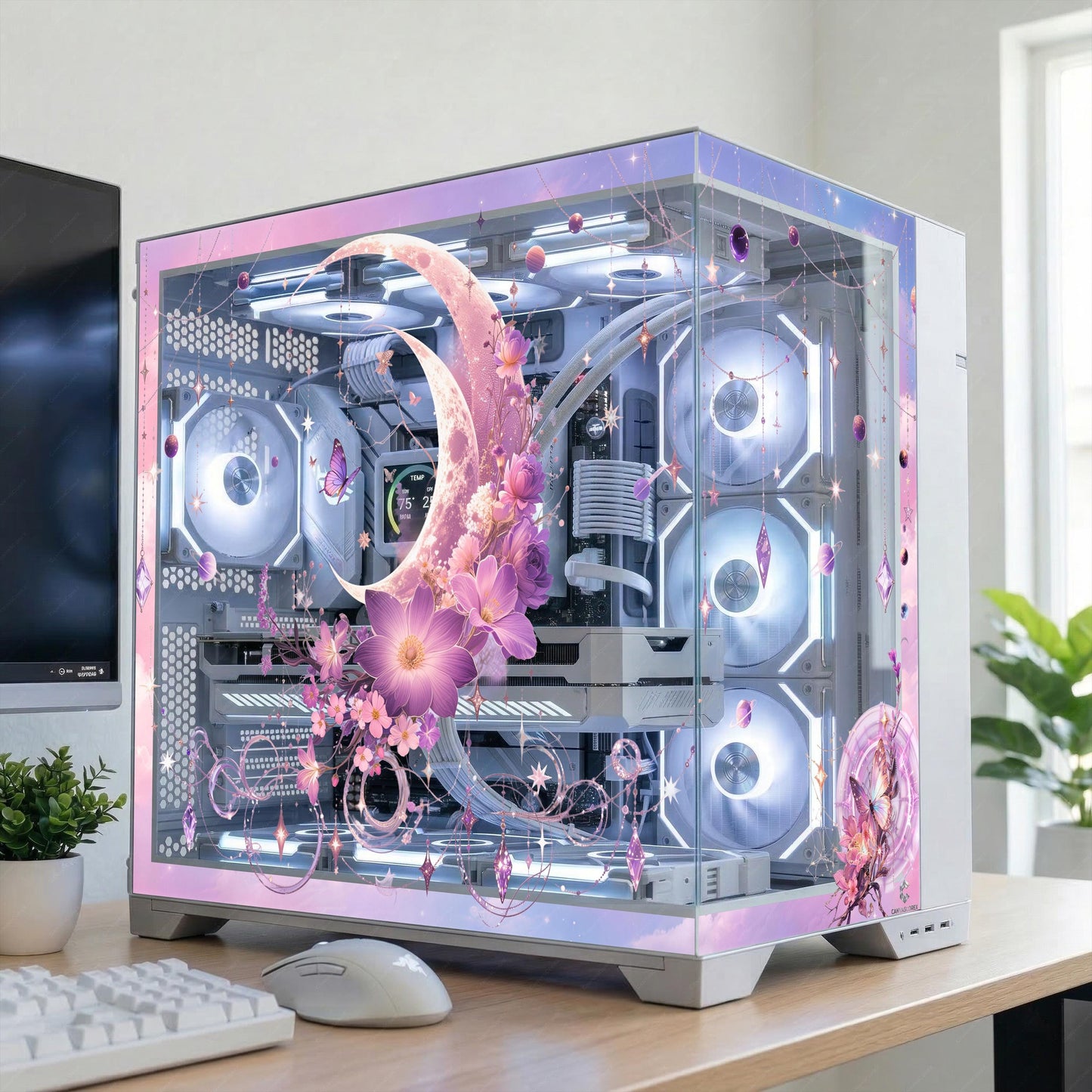 Celestial Moon & Purple Floral PC Case Skin - Magical Ethereal Static Cling Decal - Butterfly PC Decor - Reusable No-Residue Glass Wrap