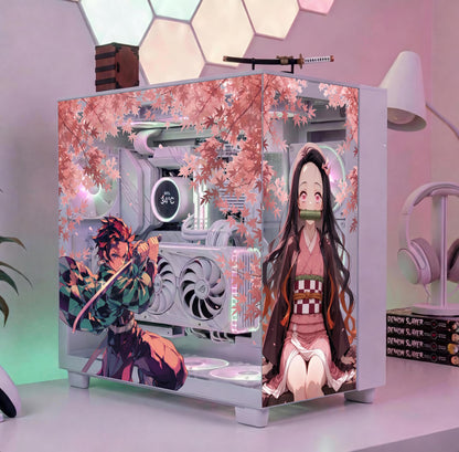 Demon Anime PC Case Skin | Brother & Sister Water Fire Wrap | Custom Fit Reusable Decal | Pink Aesthetic Gaming Setup Decor