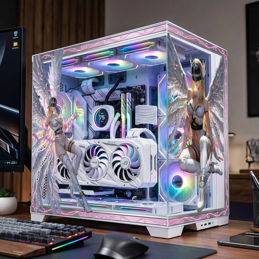 Angel PC Tempered Glass Skin | Anime Gamer Girl PC Decal | Reusable Custom PC Case Sticker | White Pink Setup