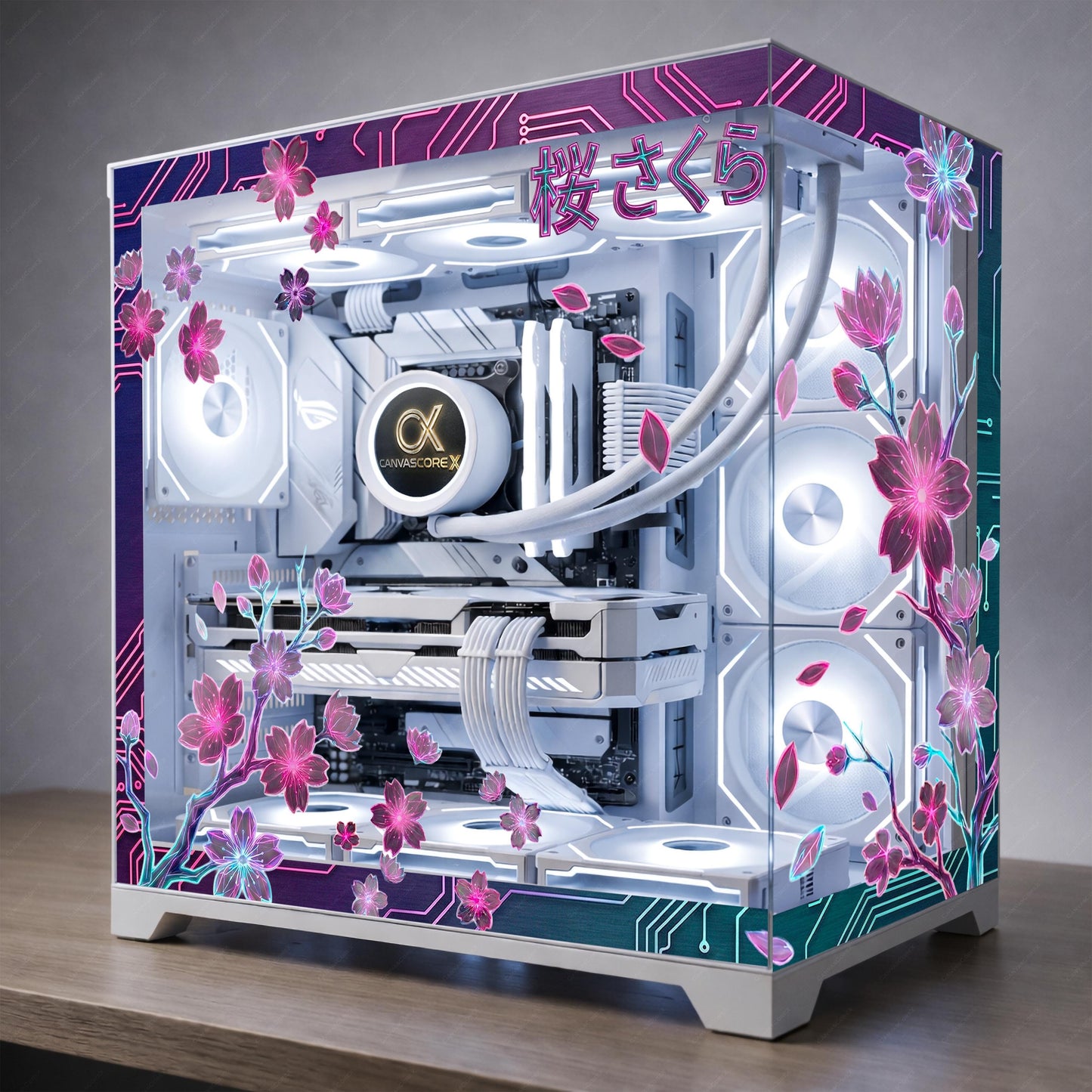 Neon Sakura PC Case Glass Skin | Cherry Blossom Static Cling for Glass Panel | Aesthetics Gaming Setup Decor | Custom Sizes