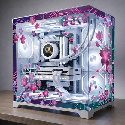 Neon Sakura PC Case Glass Skin | Cherry Blossom Static Cling for Glass Panel | Aesthetics Gaming Setup Decor | Custom Sizes