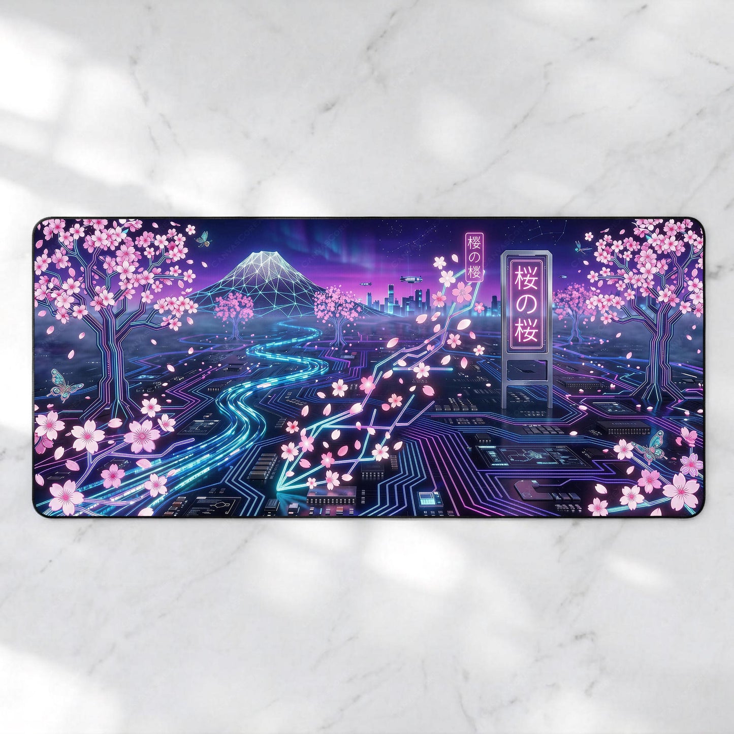 Cyberpunk Sakura Desk Mat, Neon Cherry Blossom Gaming Mousepad, Japanese Aesthetic XL Deskpad, Fuji Synthwave Mat