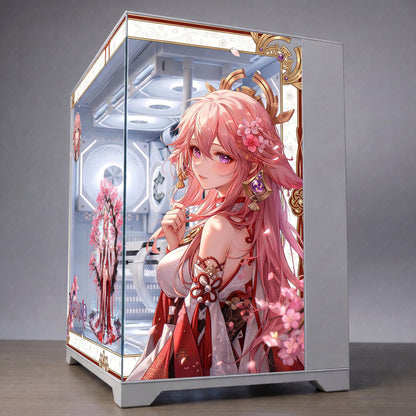 Yae Miko PC Case Skin – Anime Glass Panel Cling, Sakura Pink Gaming Setup Decor, Genshin Inspired PC Wrap, Waifu Desk Aesthetic