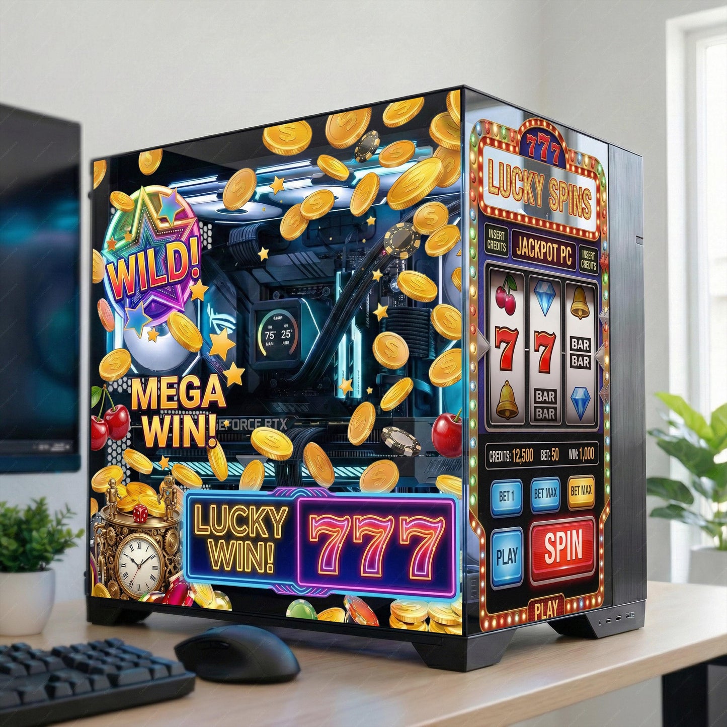 Hyte Y70 PC Case Skin Slot Machine Theme RGB Gaming Setup | Lucky 777 Static Cling Glass Panel | Casino Aesthetic PC Mod | No Residue Vinyl