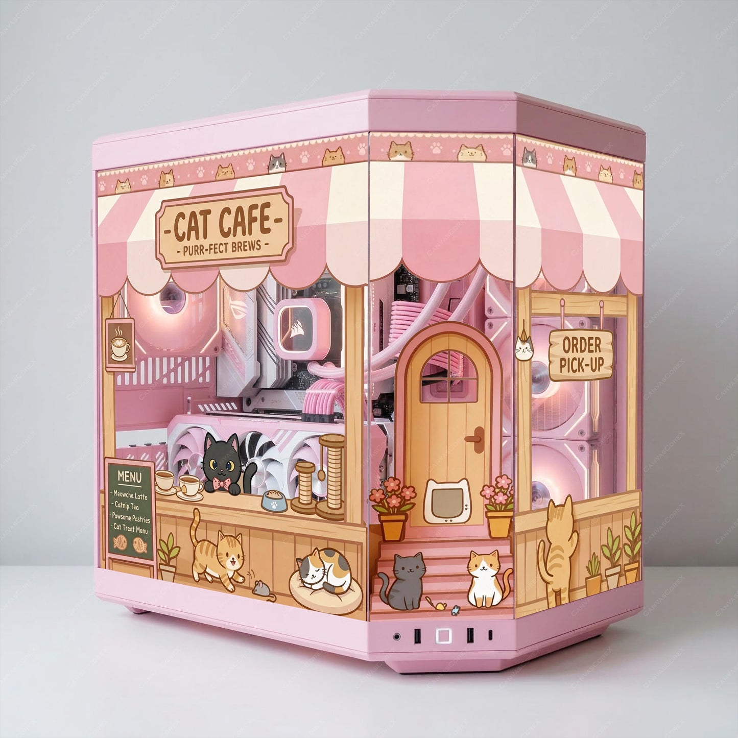 Cat Cafe PC Case Glass Skin - Kawaii Pink "Purr-fect Brews" Wrap for Hyte Y70 & Custom Cases - High-Quality Decal - Anime Gaming Aesthetic