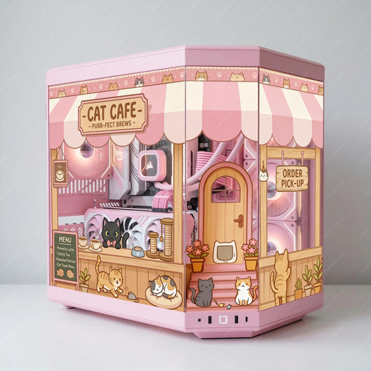 Cat Cafe PC Case Glass Skin - Kawaii Pink "Purr-fect Brews" Wrap for Hyte Y70 & Custom Cases - High-Quality Decal - Anime Gaming Aesthetic