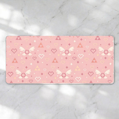 Pink Retro Adventure Desk Mat, Cute Fairy Companion Mousepad, Kawaii Pixel Heart Deskpad, Cozy Gamer XL Mat, Pastel Gaming Decor, 4mm Thick