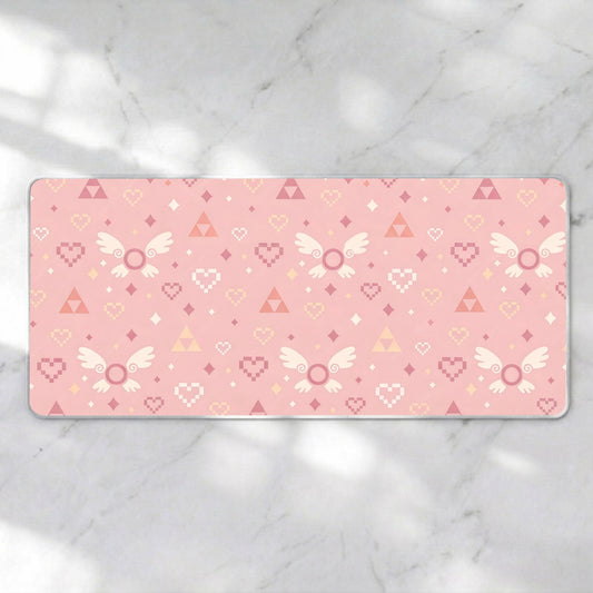 Pink Retro Adventure Desk Mat, Cute Fairy Companion Mousepad, Kawaii Pixel Heart Deskpad, Cozy Gamer XL Mat, Pastel Gaming Decor, 4mm Thick
