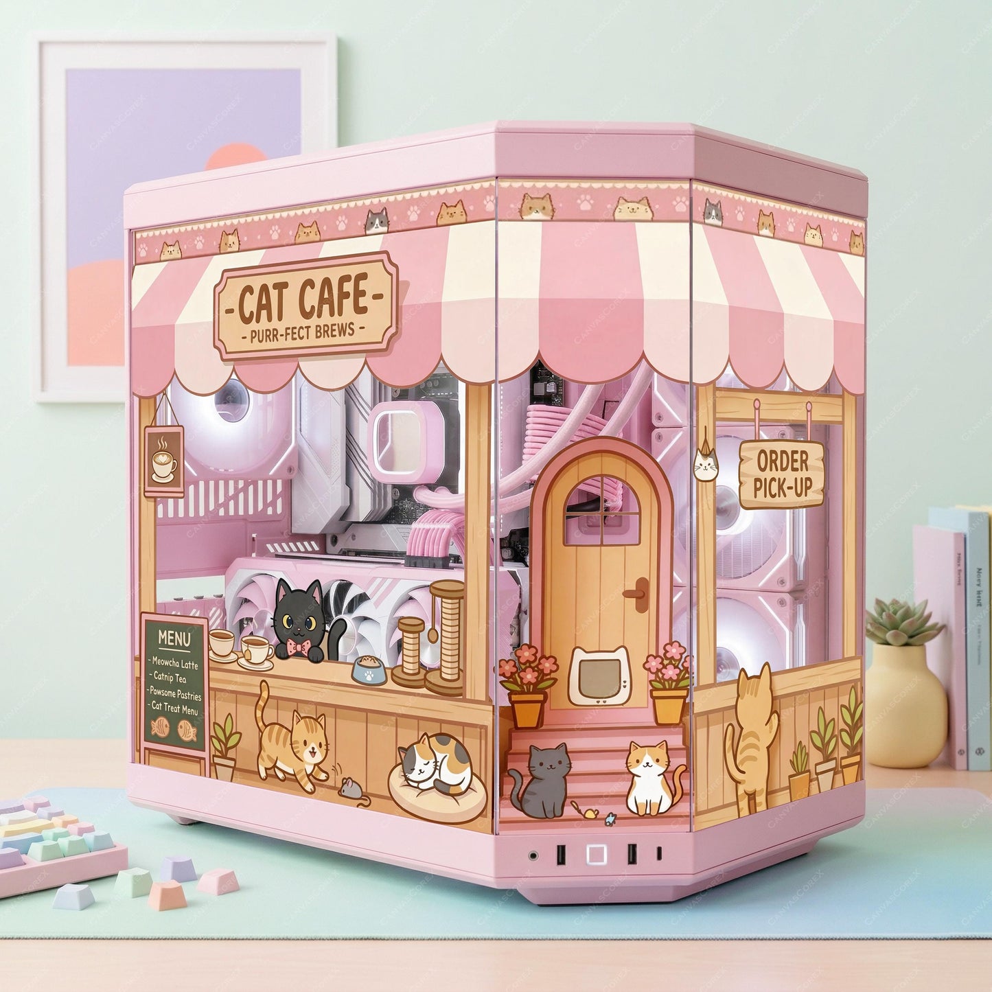Cat Cafe PC Case Glass Skin - Kawaii Pink "Purr-fect Brews" Wrap for Hyte Y70 & Custom Cases - High-Quality Decal - Anime Gaming Aesthetic