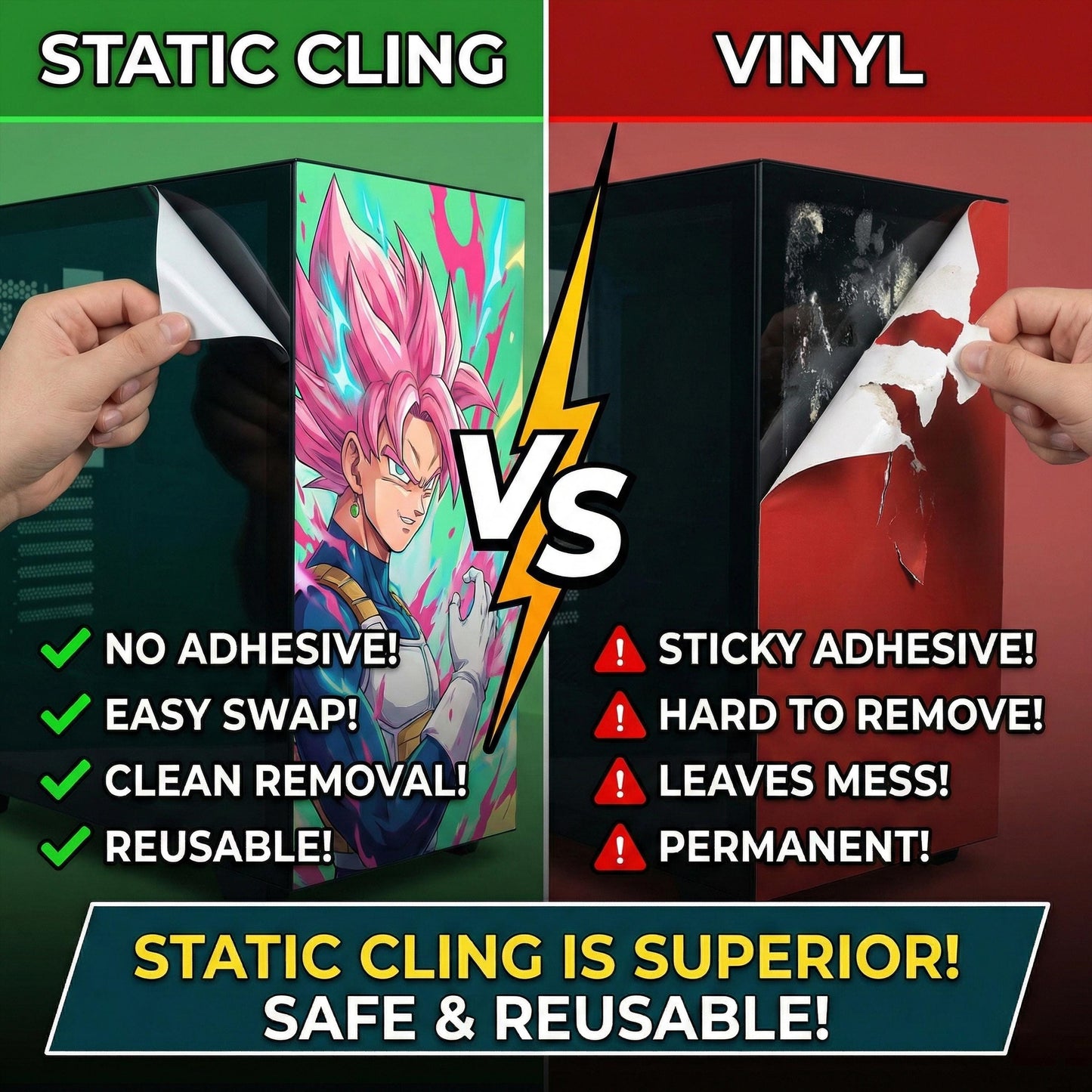 Anime Style PC Case Static Cling Decal for Tempered Glass – Custom Size, No Glue, RGB Friendly