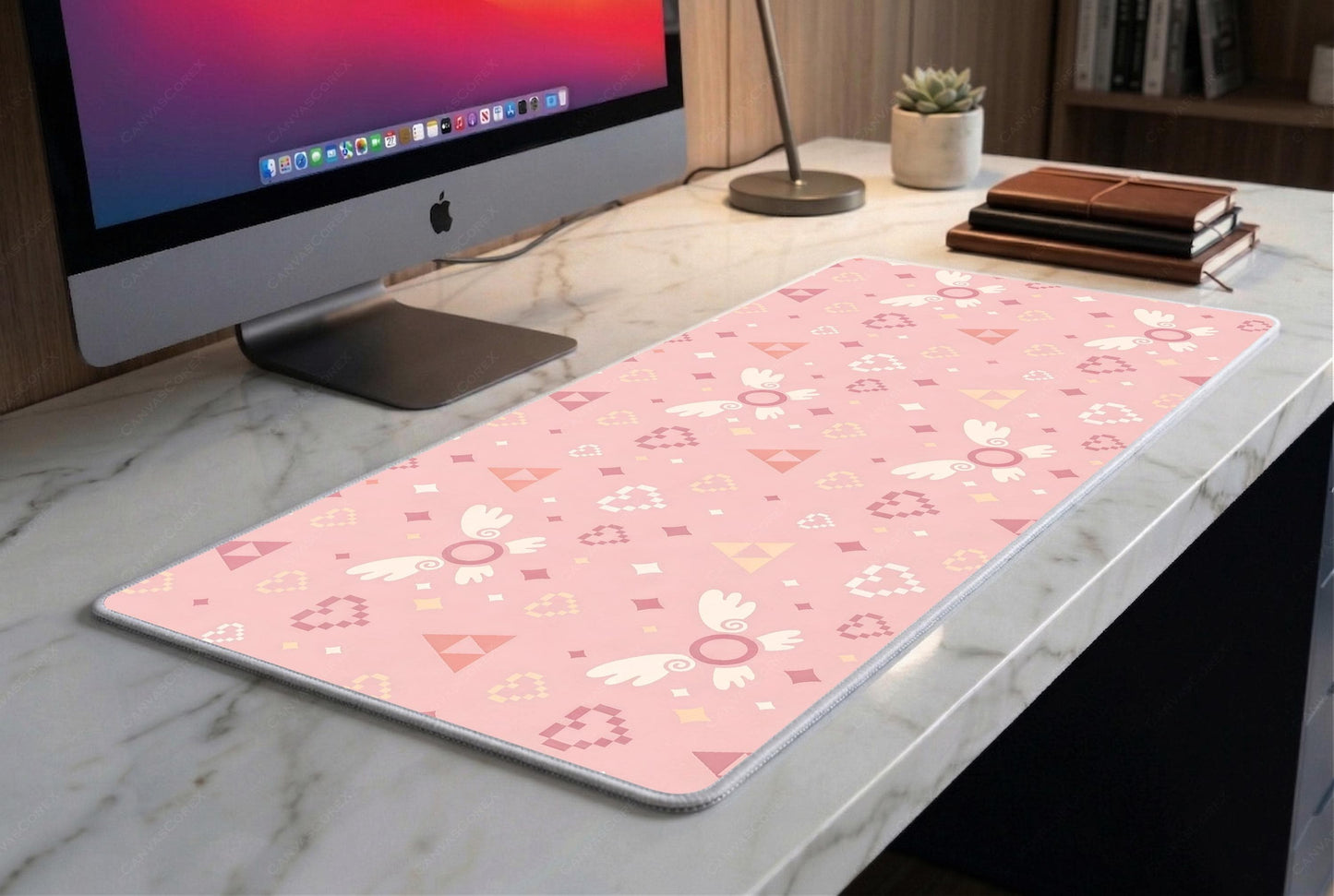 Pink Retro Adventure Desk Mat, Cute Fairy Companion Mousepad, Kawaii Pixel Heart Deskpad, Cozy Gamer XL Mat, Pastel Gaming Decor, 4mm Thick